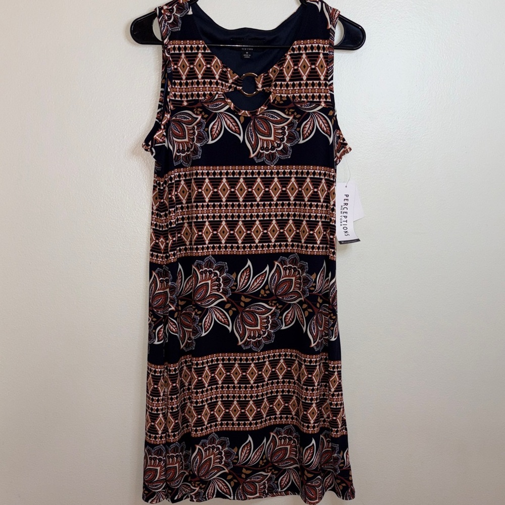 Perceptions Black Midi Dress with Brown and Cream Floral Geometric Print